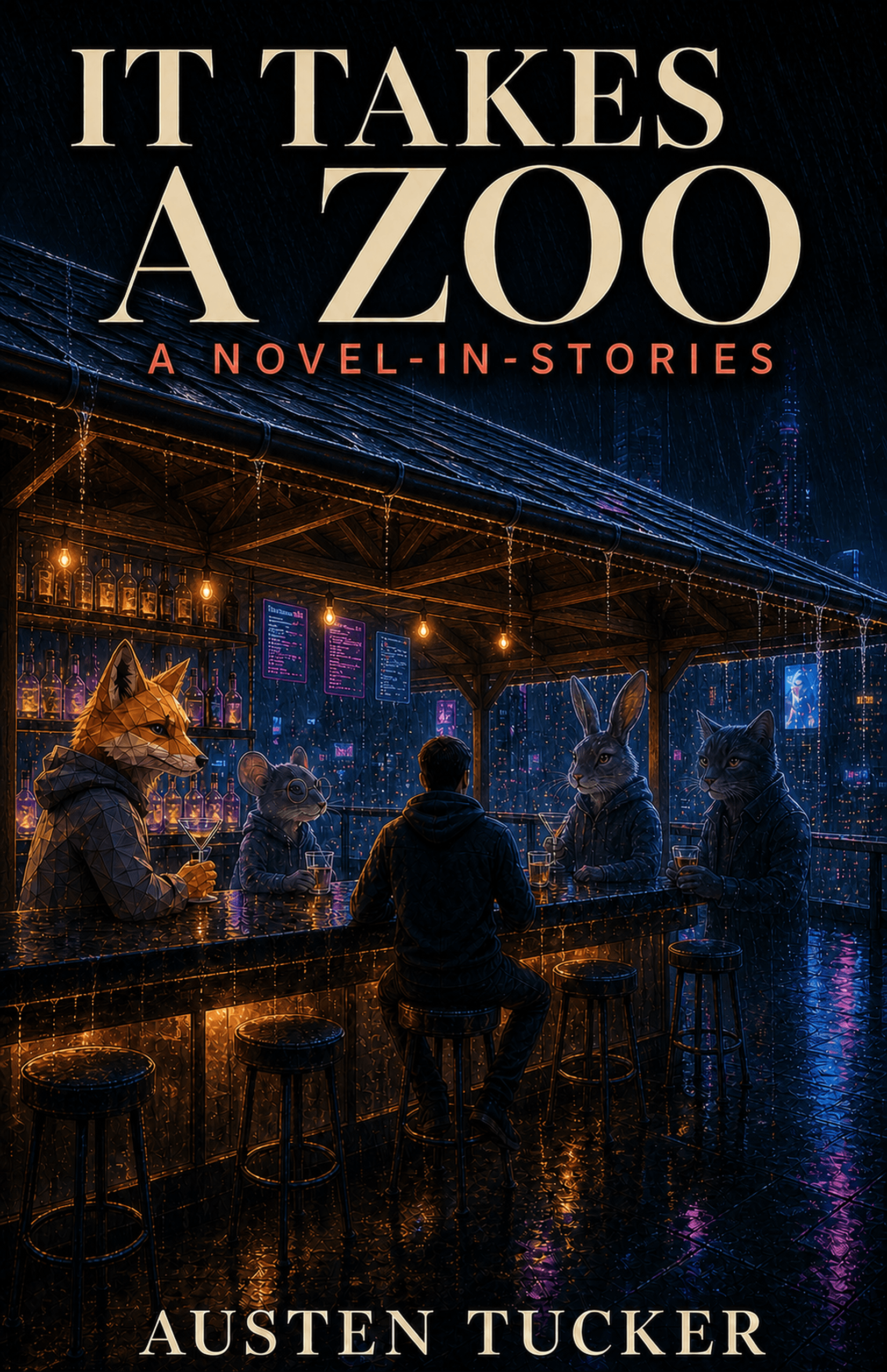 Anthropomorphic characters gather at a rain-soaked night bar beneath a roof.