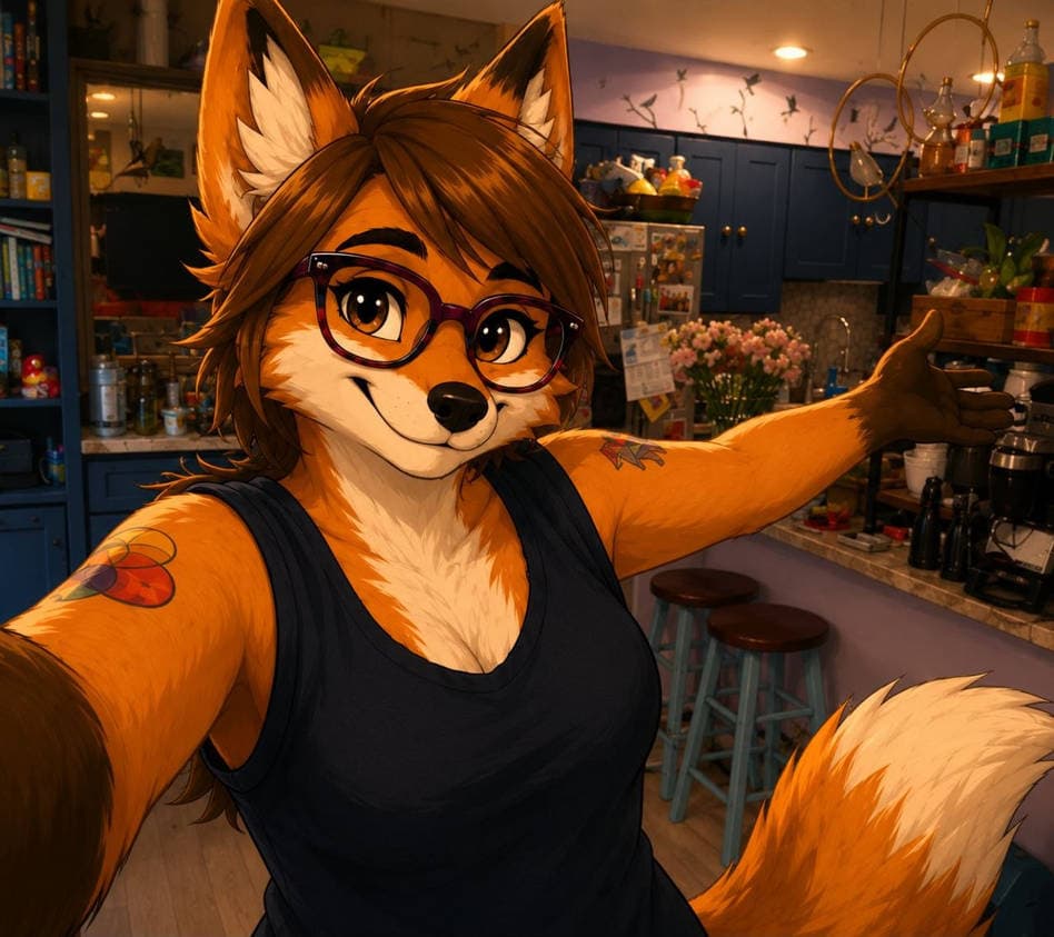 Moxie Arcade, an orange fox with glasses, takes a selfie in a kitchen.