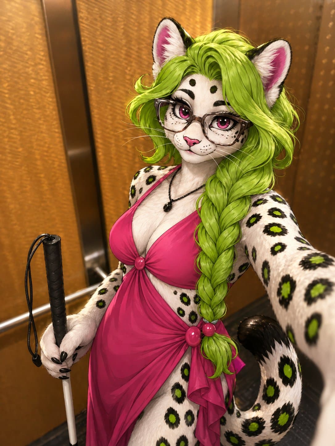 Snow leopard with green braids, glasses, a pink dress, and a white cane in an elevator.