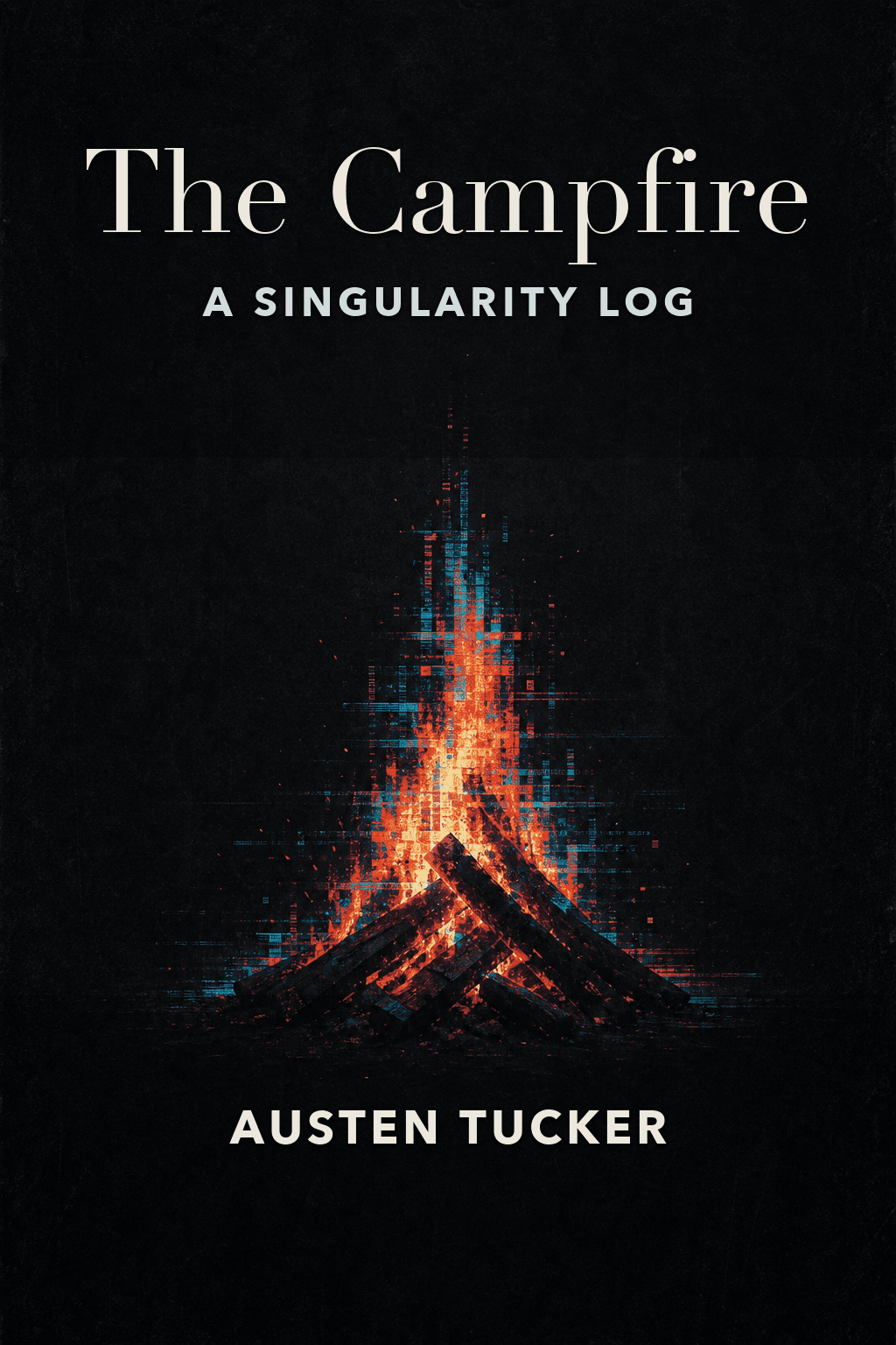 Logs burn beneath bright digital fragments against a dark background.