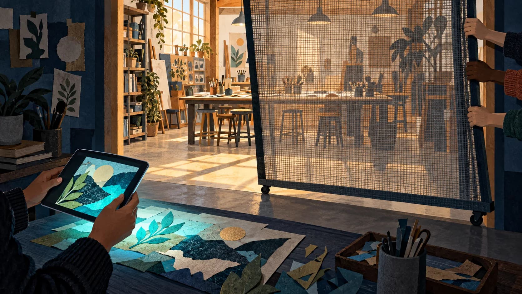 A person holding a digital drawing tablet faces a warmly lit studio as a mesh screen is pulled across its entrance.