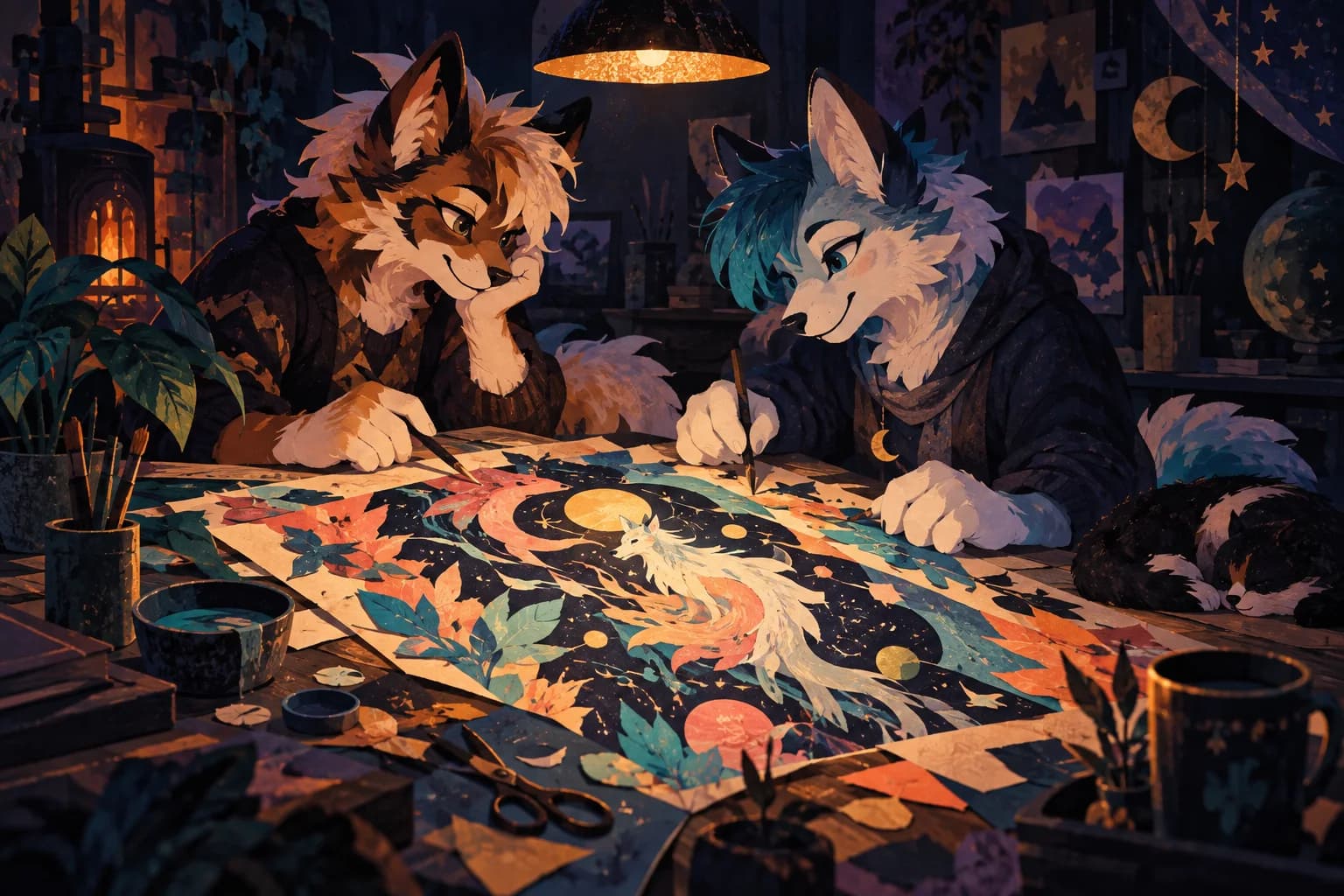Two furry creators draw a colorful scene together at a table in a private studio.