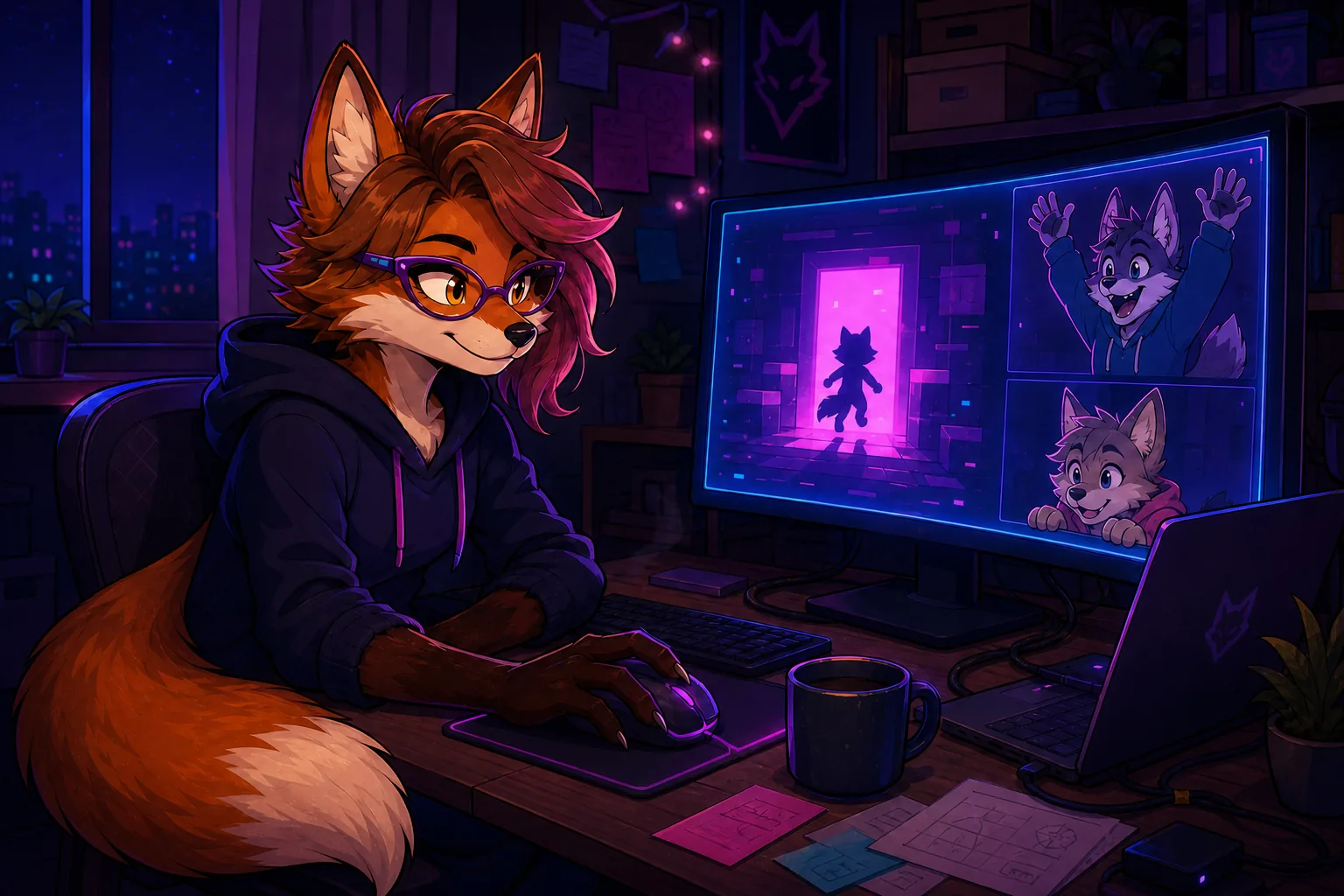 Moxie works at a desk while two remote furry teammates celebrate on a large monitor.