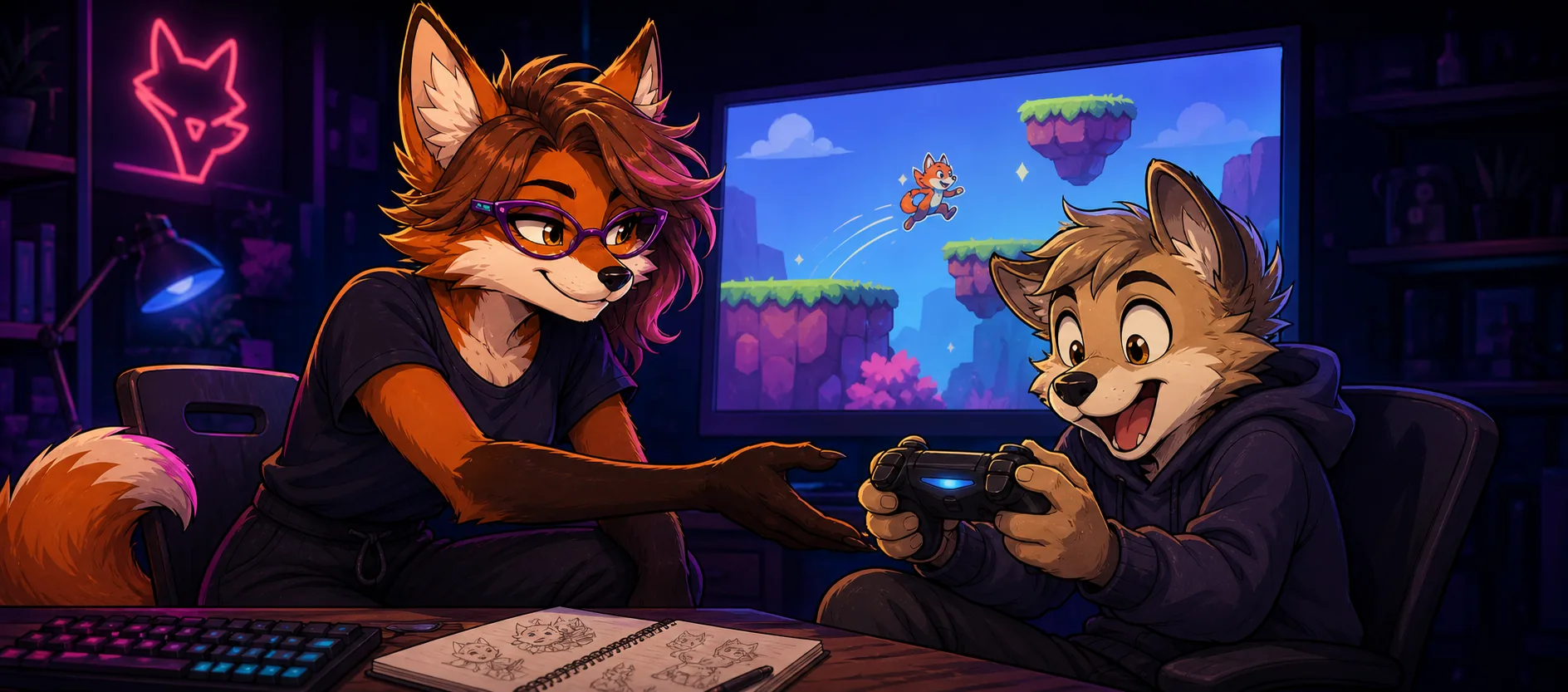A fox creator hands a game controller to a delighted collaborator.