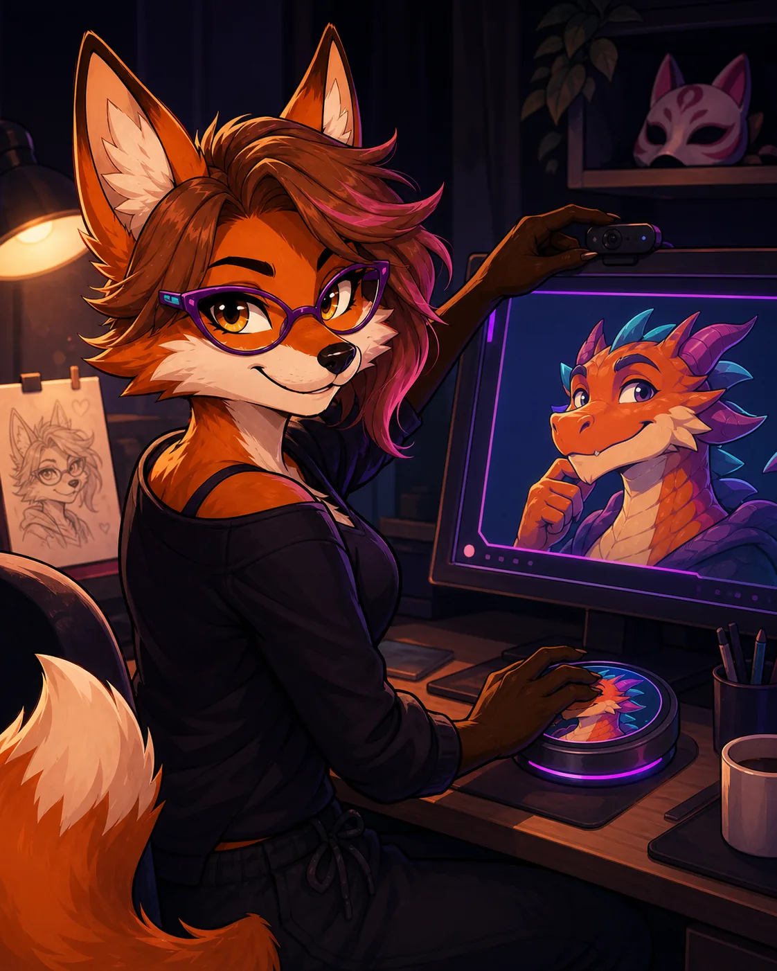 Moxie closes her webcam shutter while a friendly dragon avatar appears on screen.