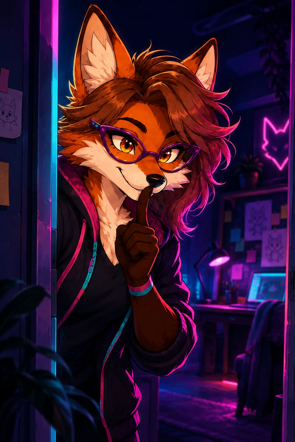 Moxie holds one paw to her lips in a playful shushing gesture at the doorway to a neon workshop.